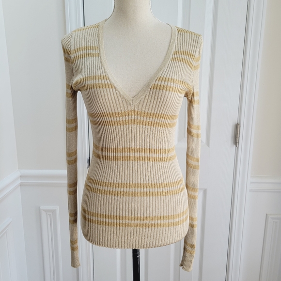 Gucci Striped Ribbed Fitted Long Sleeve V-neck Metallic‎ Shimmer Sweater Top - Picture 1 of 16